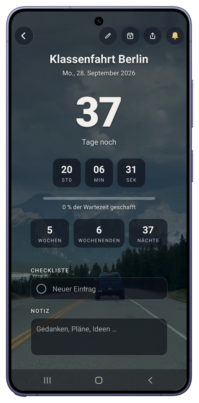 Detailansicht auf dem Galaxy S26 Ultra: Klassenfahrt Berlin, 37 Tage, mit Checkliste und Notiz