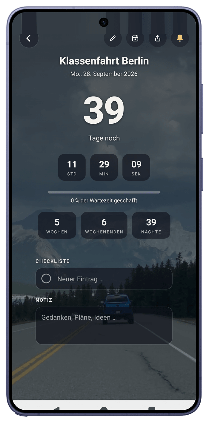 Detailansicht auf dem Galaxy S26 Ultra: Klassenfahrt Berlin, 39 Tage, mit Checkliste und Notiz