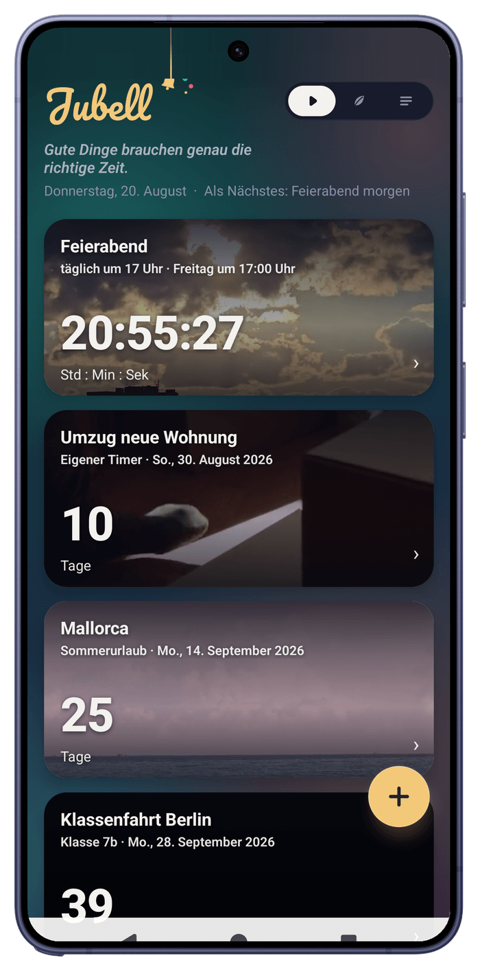 Jubell auf einem Samsung Galaxy S26 Ultra: Timer-Liste mit Feierabend, Umzug, Mallorca