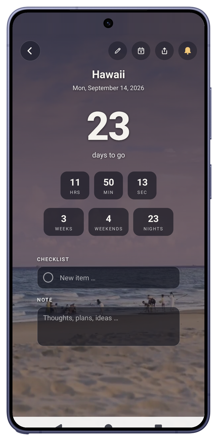 Detail view on the Galaxy S26 Ultra: Hawaii, 23 days, with checklist and note