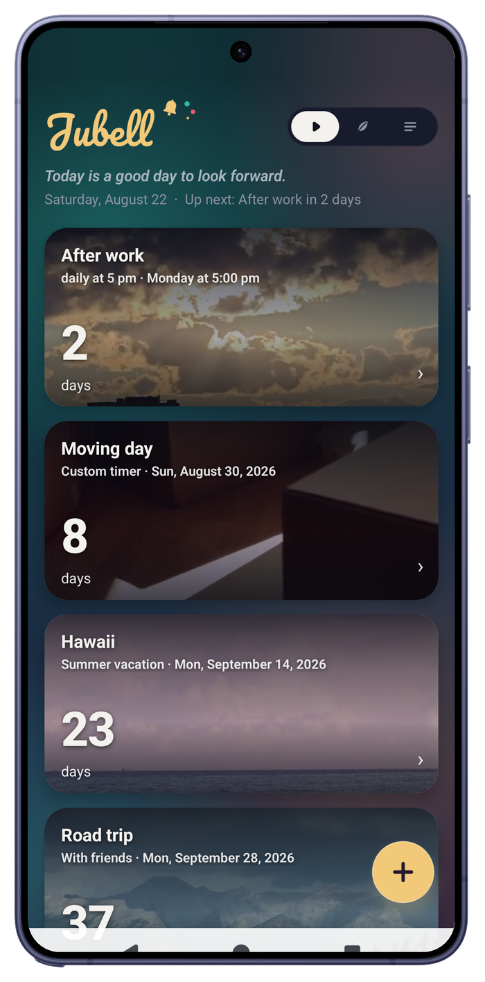 Jubell on a Samsung Galaxy S26 Ultra: timer list with After work, Moving day, Hawaii